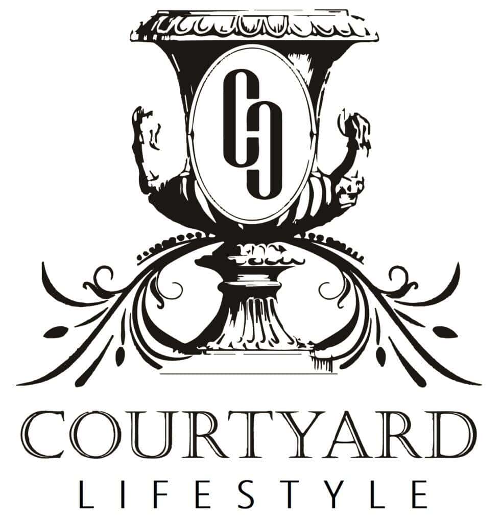 Fountain logo with monogram "CL" for Courtyard Lifestyle, featuring classic design elements.